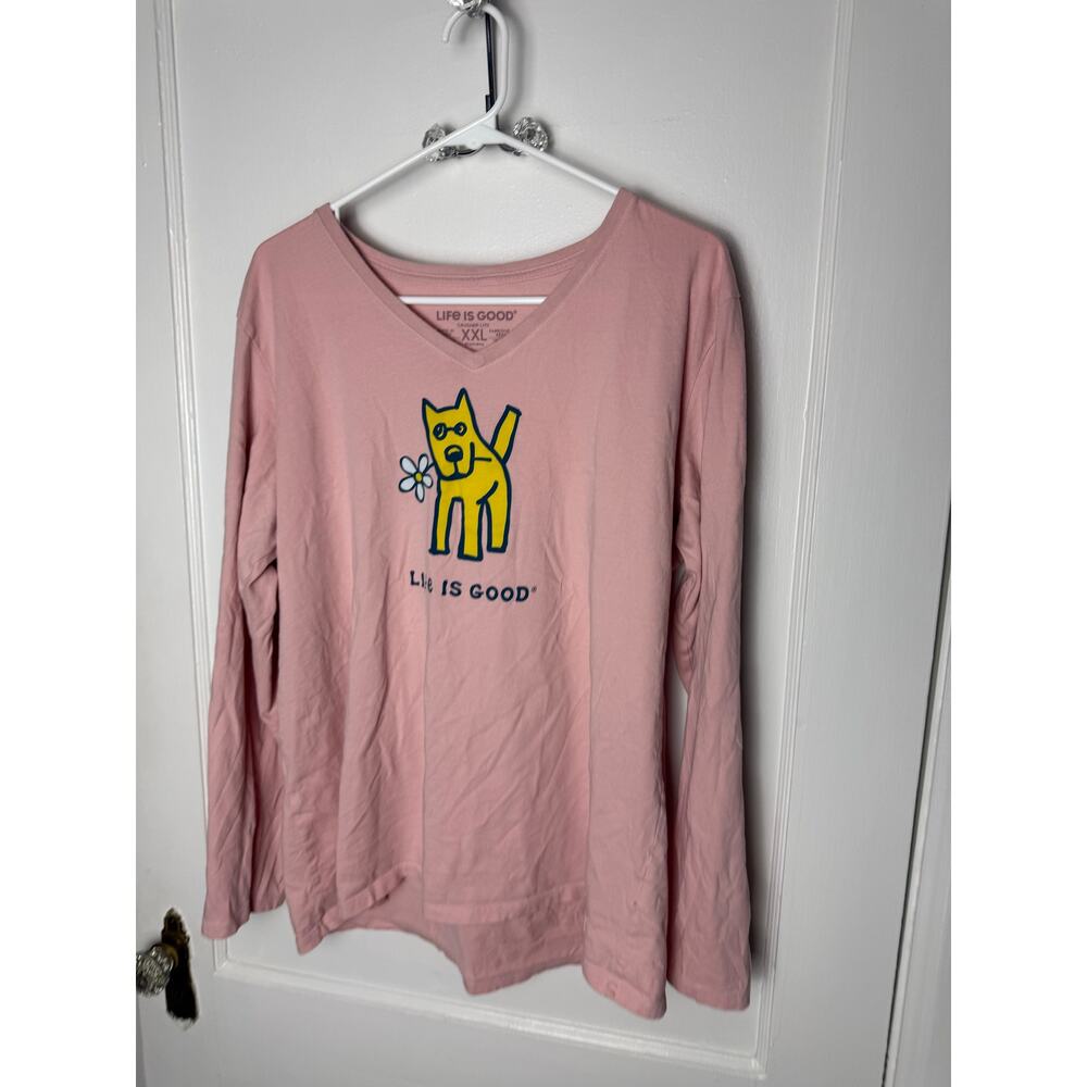 Life is Good Womens XXL Crusher Lite Dog Daisy Pink Long Sleeve V Neck Tee - Picture 2 of 5
